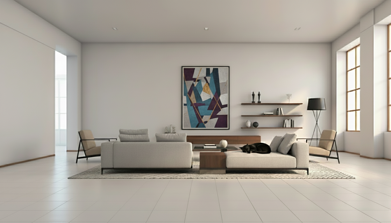 Minimalist living room interior design featuring clean lines, neutral palette, and bold geometric triptych artwork