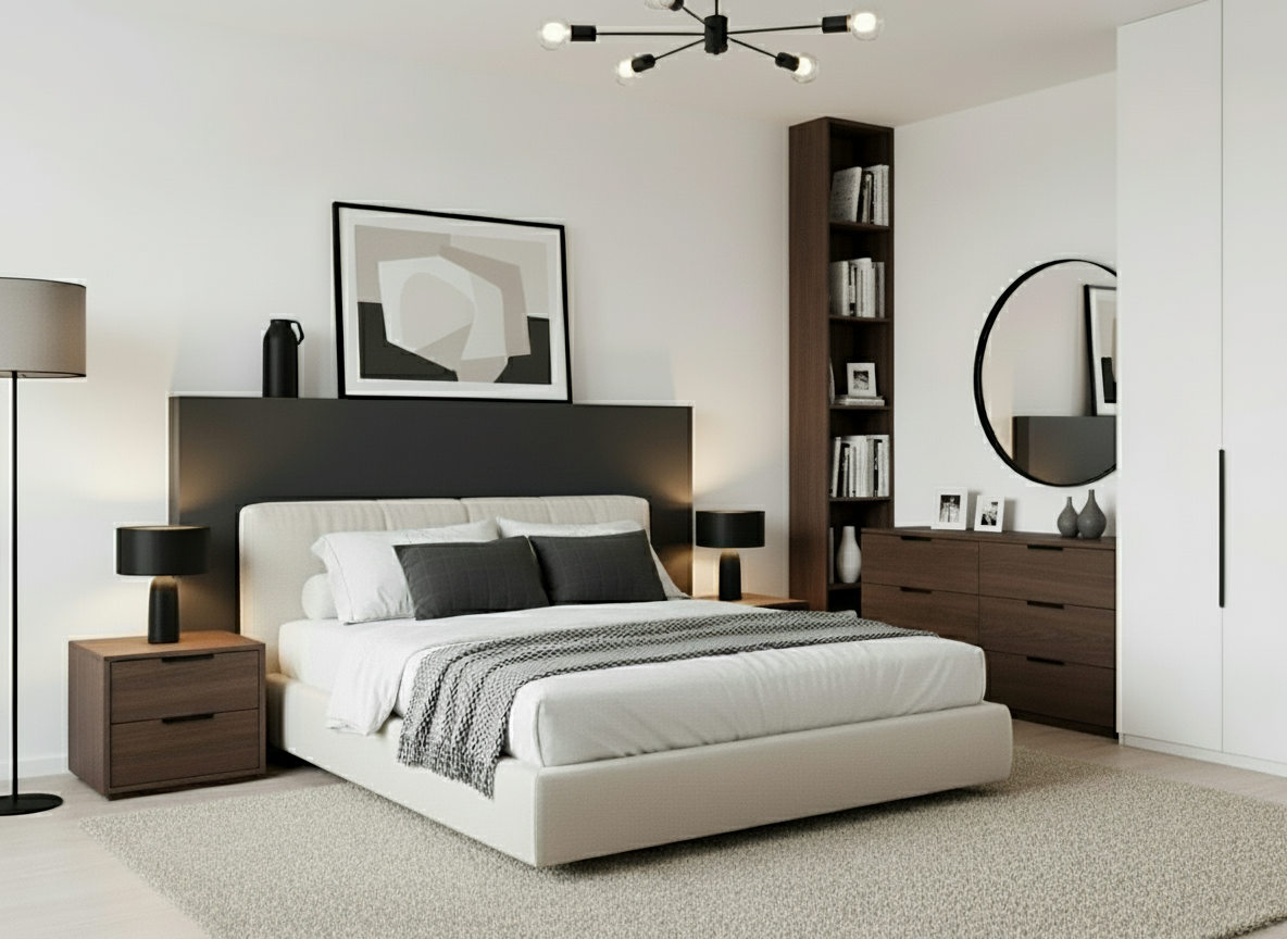 Contemporary bedroom interior featuring built-in bookcase storage, platform bed frame, and ambient mood lighting
