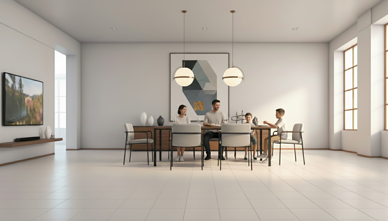 Elegant formal dining room transformation with sculptural pendant chandelier, upholstered seating, and curated table styling