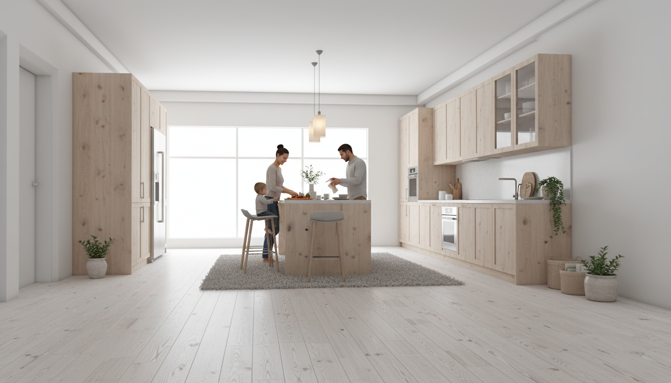 AI-generated gourmet kitchen design with handleless oak cabinetry, waterfall quartz countertops, and professional-grade appliances