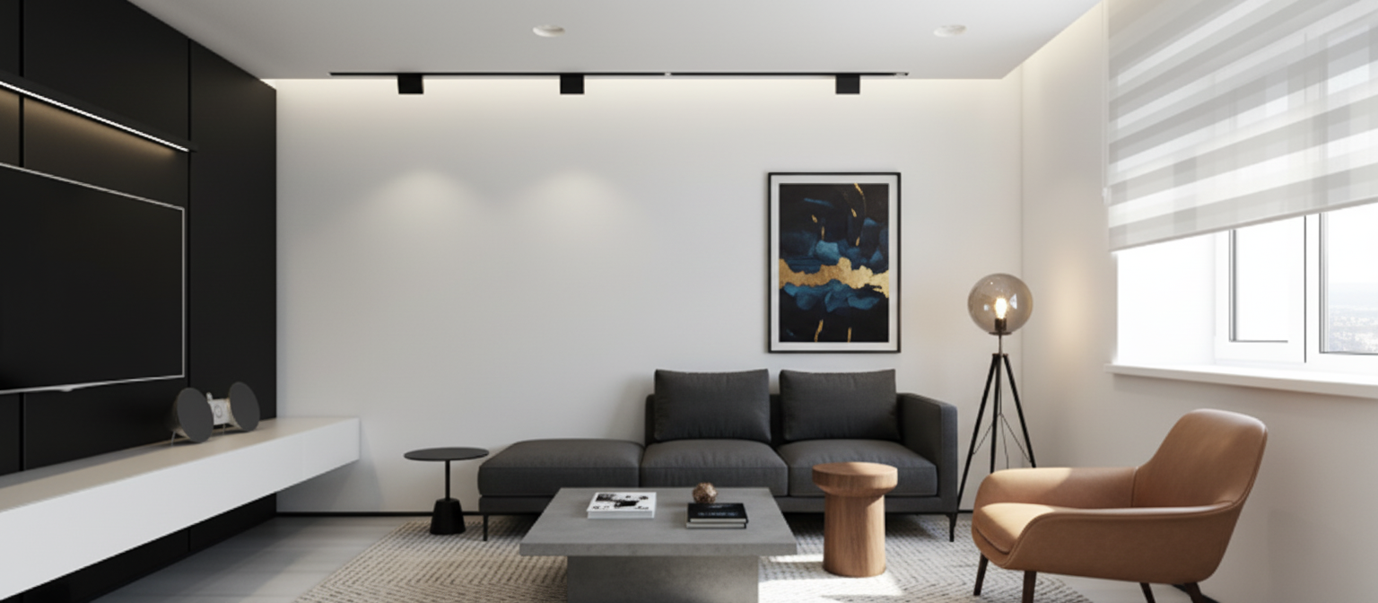 AI-powered modern living room redesign with L-shaped sectional sofa, minimalist coffee table, and natural lighting by DZNRAI