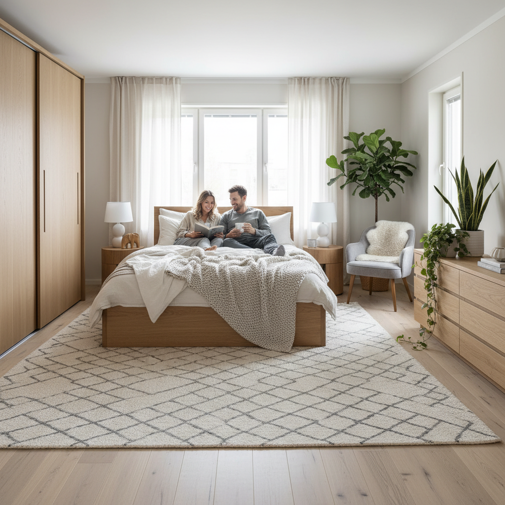 Scandinavian bedroom design with light oak furniture, linen textiles, and cozy hygge-inspired atmosphere