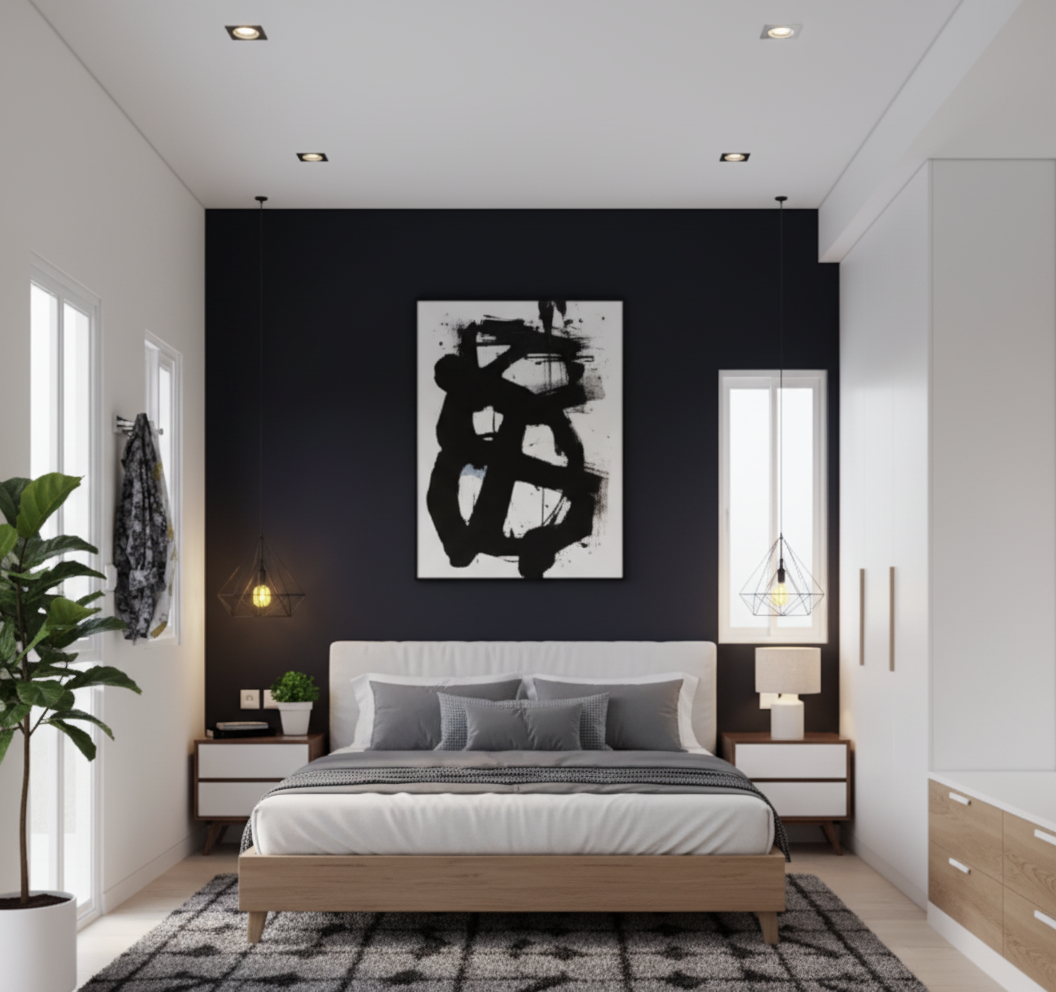 Urban modern bedroom with matte black feature wall, floating nightstands, and architectural ceiling details