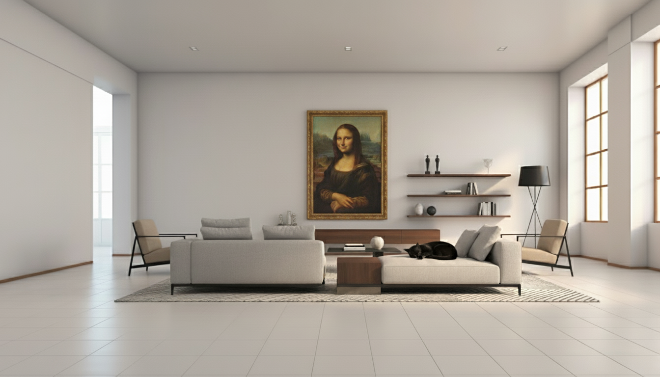 Professionally staged living room after DZNRAI AI transformation with modern sectional sofa, area rug, and ambient lighting